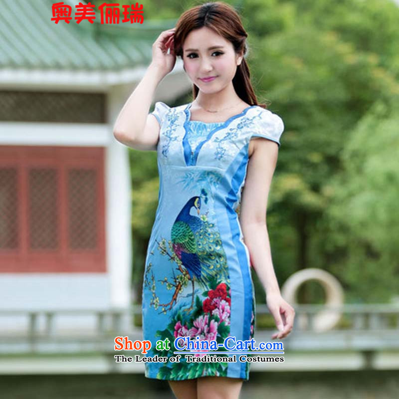 Ogilvy?2015 summer, 158 new peacock cheongsam dress short period of Chinese antique dresses, color picture?S