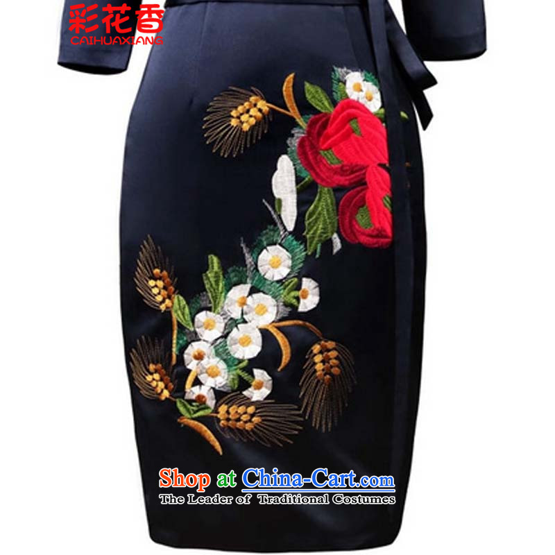 The fragrance of autumn 2015 installed multimedia new noble dinner dress cheongsam dress and embroidery blue colored flowers M (CAI HUA XIANG) , , , shopping on the Internet