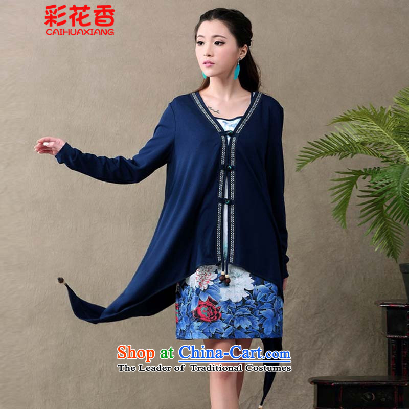 Summer Scent Multimedia 2015 new ethnic retro qipao gauze stamp long-sleeved dresses two kits female blue colored flowers XXL, (CAI HUA XIANG) , , , shopping on the Internet