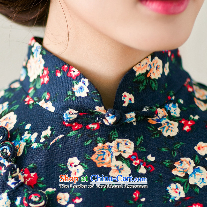 Yuan of the Lok Ying 2015 cheongsam dress qipao summer new stylish retro cotton linen improved cheongsam dress YS DARK BLUE XL, Yuen (YUAN SU shopping on the Internet has been pressed.)