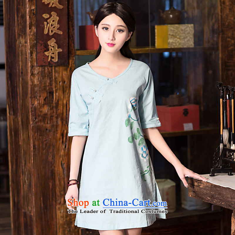 China-Tang dynasty improved classical fashion, summer cotton linen cheongsam dress loose Chinese cheongsam dress female light blue XXL, ethnic Chinese Classic (HUAZUJINGDIAN) , , , shopping on the Internet