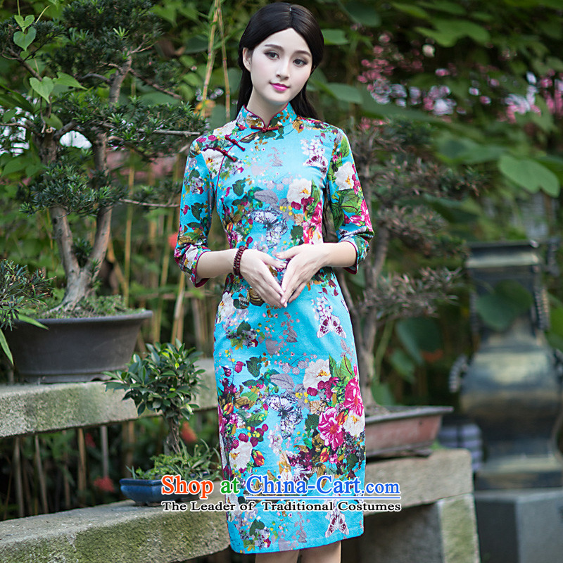 Chinese New Year 2015 classic ethnic Chinese Tang dynasty summer daily improved cheongsam dress long thin Sau San female blue video playmate , M, China Ethnic Classic (HUAZUJINGDIAN) , , , shopping on the Internet