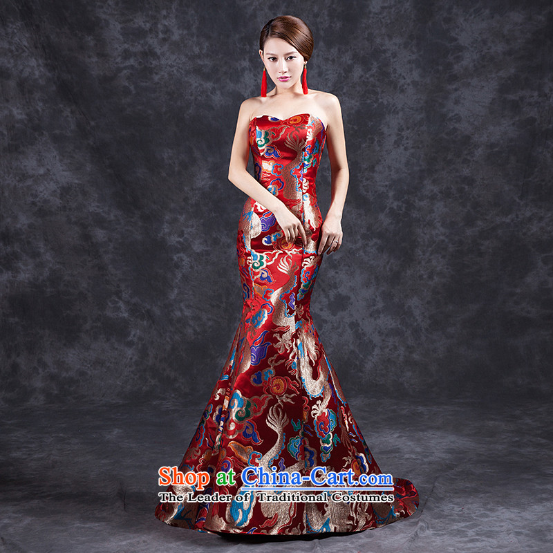 Ya Arts Workshop 2015 new summer retro bride dress red qipao bows service     crowsfoot red dress long tail new red anointed chest crowsfoot L, Nga Yi Square shopping on the Internet has been pressed.