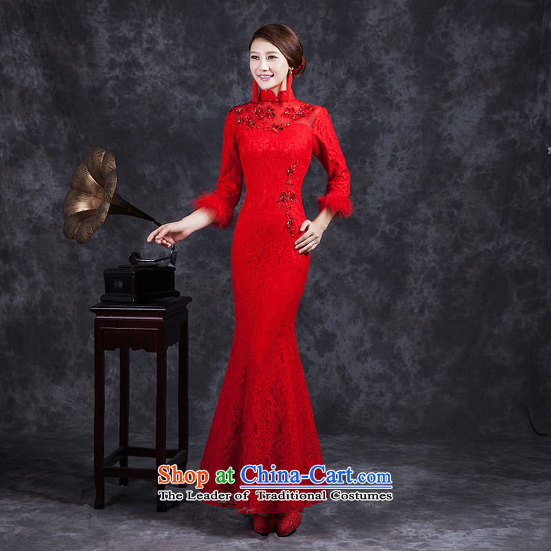 Ya Arts Workshop 2015 new bride cheongsam long-sleeved retro winter red bows to thick Chinese long wedding dress red?XXX?RED?M