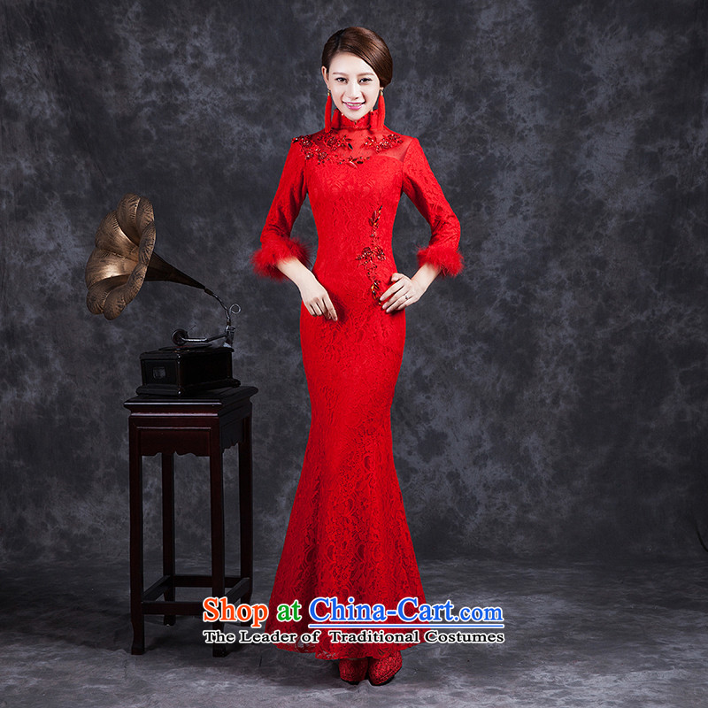 Ya Arts Workshop 2015 new bride cheongsam long-sleeved retro winter red bows to thick Chinese long wedding dress red XXX RED M Nga Yi Square shopping on the Internet has been pressed.