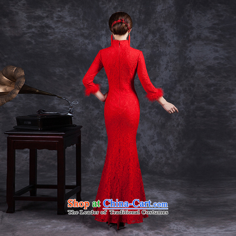 Ya Arts Workshop 2015 new bride cheongsam long-sleeved retro winter red bows to thick Chinese long wedding dress red XXX RED M Nga Yi Square shopping on the Internet has been pressed.