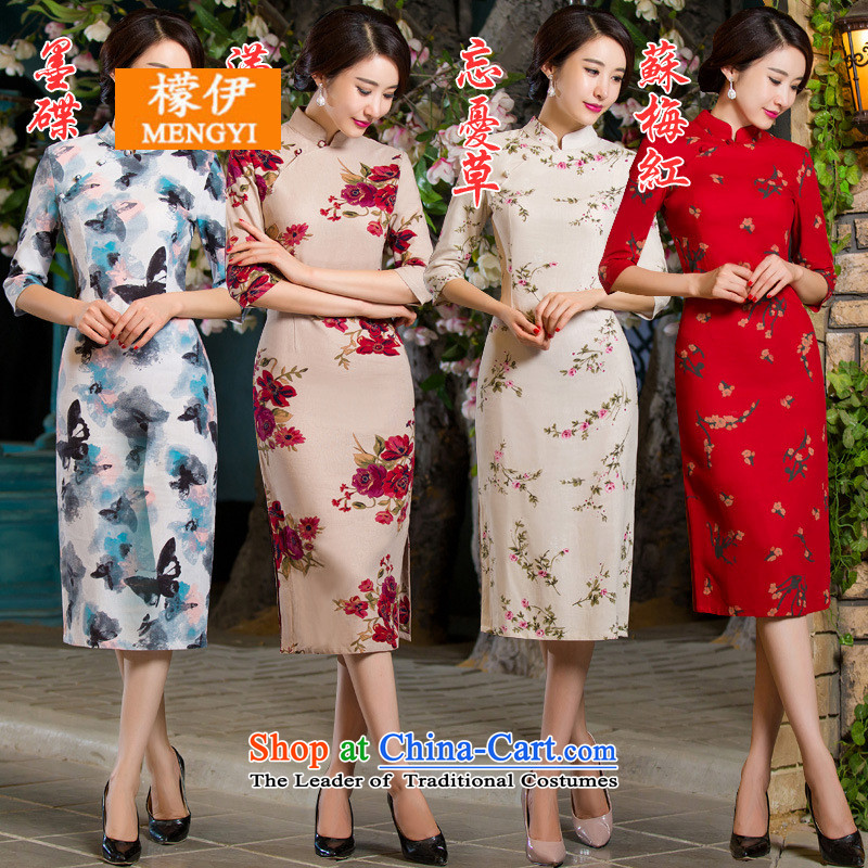 The city of autumn 2015, replacing the graphics in Sau San retro thin large cuff improved linen long skirt qipao day lilies XXXL, mengyi (BE) , , , shopping on the Internet