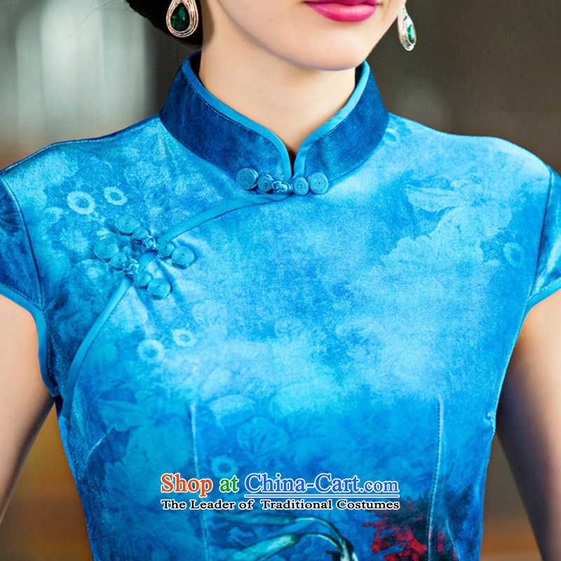 Yuan of Sogang temperament scouring pads qipao on 2015 new cheongsam dress retro improved cheongsam dress cheongsam dress QD095 BLUE S, Yuen (YUAN SU shopping on the Internet has been pressed.)