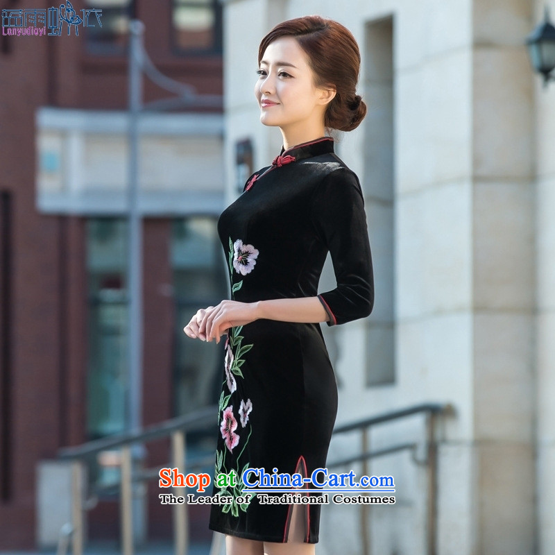 2015 Spring/Summer seven new stylish retro cuff cheongsam dress velvet cheongsam dress everyday black M Blue rain butterfly according to , , , shopping on the Internet
