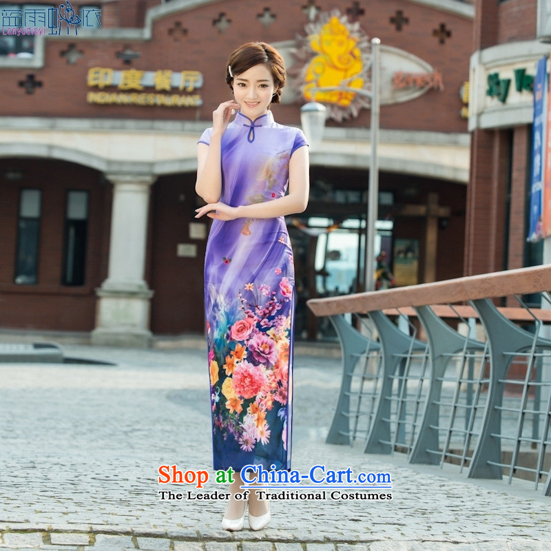 Stylish retro qipao 2015 Long bride daily Chinese banquet service cheongsam dress like toasting champagne figure XL, blue rain butterfly according to , , , shopping on the Internet