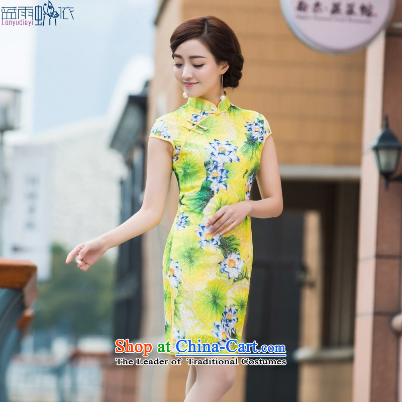2015 Summer Chinese Antique style qipao dresses gentlewoman temperament is pressed to silk short daily, skirts , L, as shown in Figure qipao blue rain butterfly according to , , , shopping on the Internet