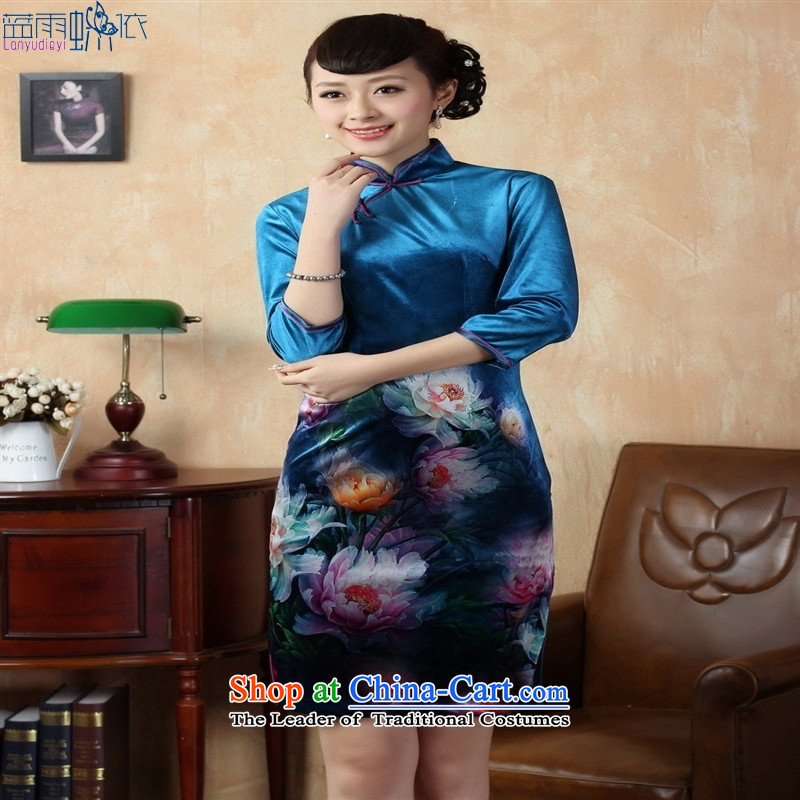 Tang Dynasty qipao Stretch Wool poster stylish Kim in classic short-sleeved qipao picture color blue rain butterfly according to S, shopping on the Internet has been pressed.