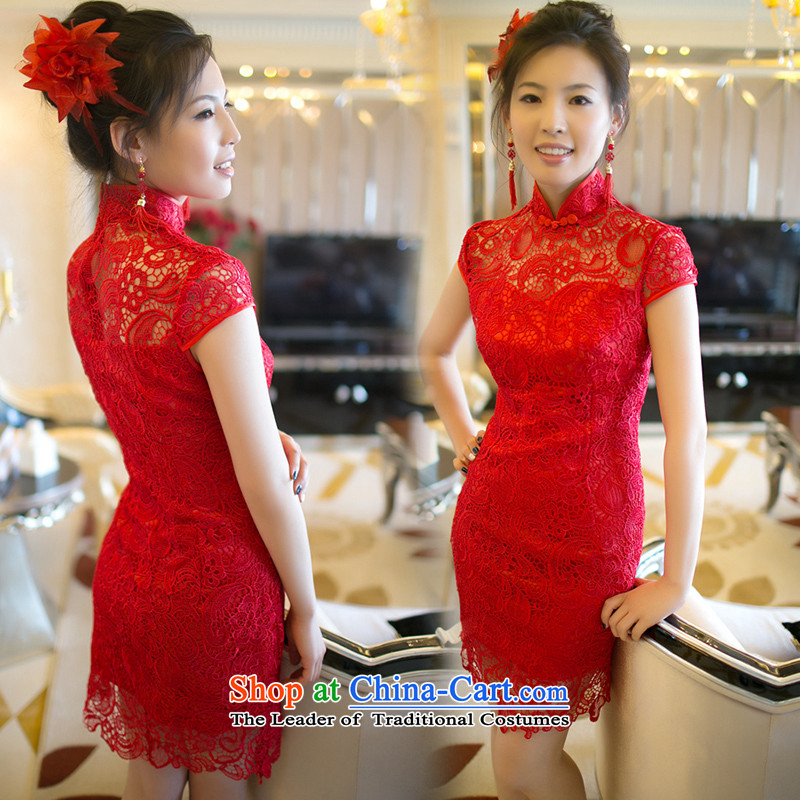 Starring impression bows services bride Wedding Dress Short skirts, improved qipao Summer 2015 new water-soluble lace Sau San video thin retro chinese women serving the lift mast in red sleeved m impression Love , , , shopping on the Internet