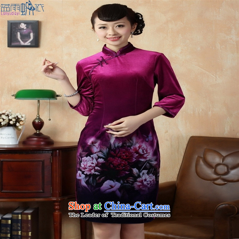 Tang Dynasty qipao TD0007 Stretch Wool poster stylish Kim in classic short-sleeved qipao picture color M Blue rain butterfly according to , , , shopping on the Internet