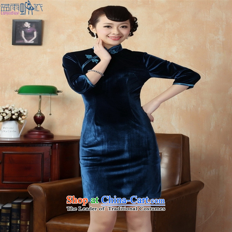 Tang dynasty qipao Td0005-b New Pure color and the Stretch Wool qipao seven gold cuff XXL, Violet Blue rain butterfly according to , , , shopping on the Internet