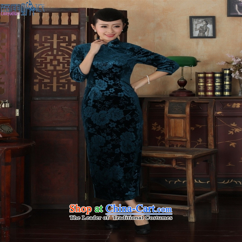 Tang dynasty qipao T0002-a New Pure color and the Stretch Wool qipao seven gold-sleeved black rain butterfly according to blue XXL, shopping on the Internet has been pressed.