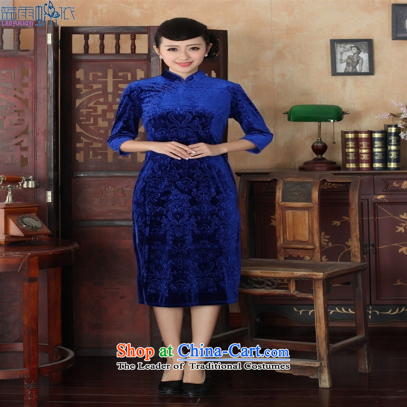 Tang dynasty qipao TD00039 new pure color and the Stretch Wool qipao seven gold blue XXL, cuff blue rain butterfly according to , , , shopping on the Internet