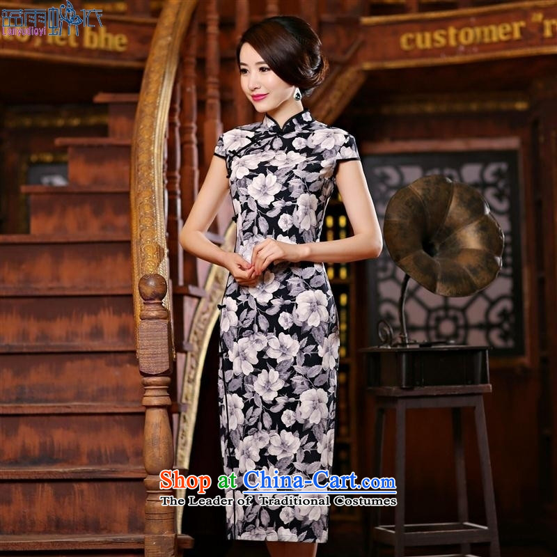 2015 Spring/Summer Load New Long qipao daily retro silk dresses large black M blue qipao rain butterfly according to , , , shopping on the Internet