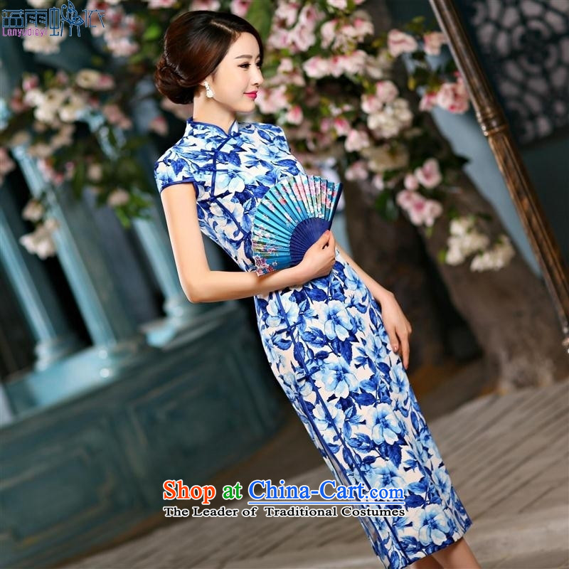 2015 Spring/Summer Load New Long qipao daily retro silk dresses large black M blue qipao rain butterfly according to , , , shopping on the Internet