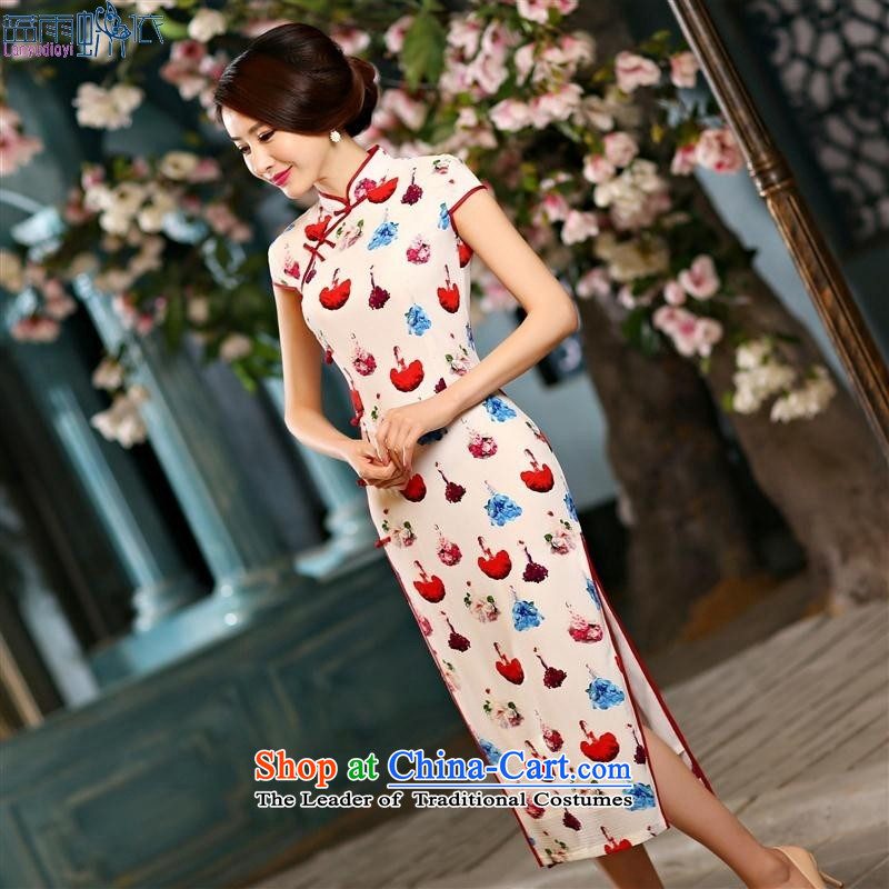 Long cheongsam dress in spring and autumn 2015 new cheongsam dress daily high on women's dresses skirt B) show XXL, blue rain butterfly according to , , , shopping on the Internet