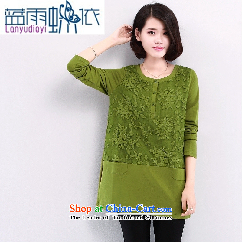 2015 Autumn and winter new lace stitching had darned women kit and long-sleeved T-shirt, forming the women loose video thin clothes shirt green?L