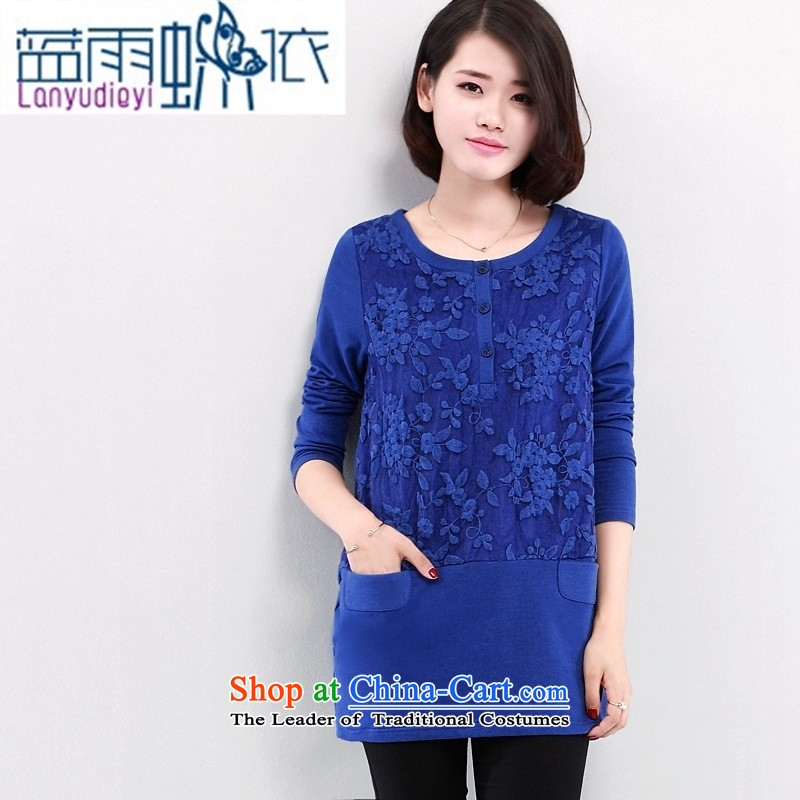 2015 Autumn and winter new lace stitching had darned women kit and long-sleeved T-shirt, forming the women loose video thin green T-shirt , blue shirt rain butterfly according to , , , shopping on the Internet