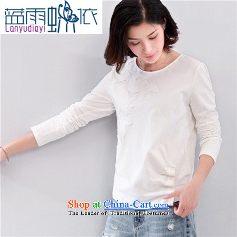 2015 Autumn new for women pure color t-shirt with round collar female elastic Sau San decals forming the Netherlands long-sleeved T-shirt female navy blue rain butterfly according to L, , , , shopping on the Internet