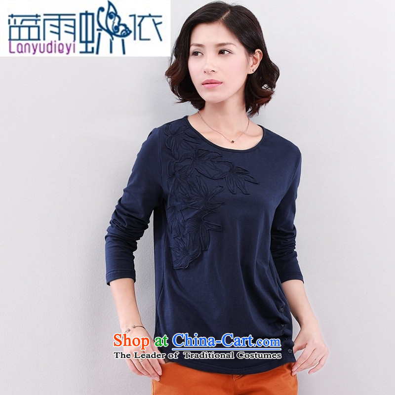 2015 Autumn new for women pure color t-shirt with round collar female elastic Sau San decals forming the Netherlands long-sleeved T-shirt female navy blue rain butterfly according to L, , , , shopping on the Internet