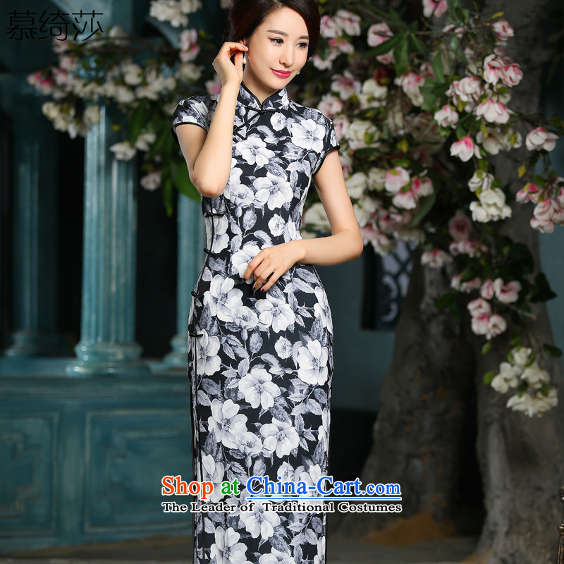 The cross-Sha Mian?2015 New Qin cheongsam dress autumn load Stylish retro in style qipao long improved cheongsam dress cheongsam dress black?2XL