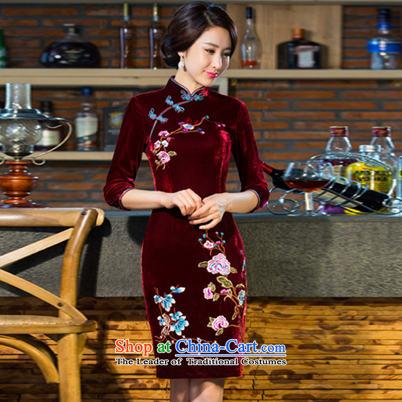 Lin Yin 2015 autumn and winter new moms with scouring pads in the skirt qipao Kim sleeve length) Improved wedding services B211 Nouveau wine red S, Lin Yin (lianyin) , , , shopping on the Internet