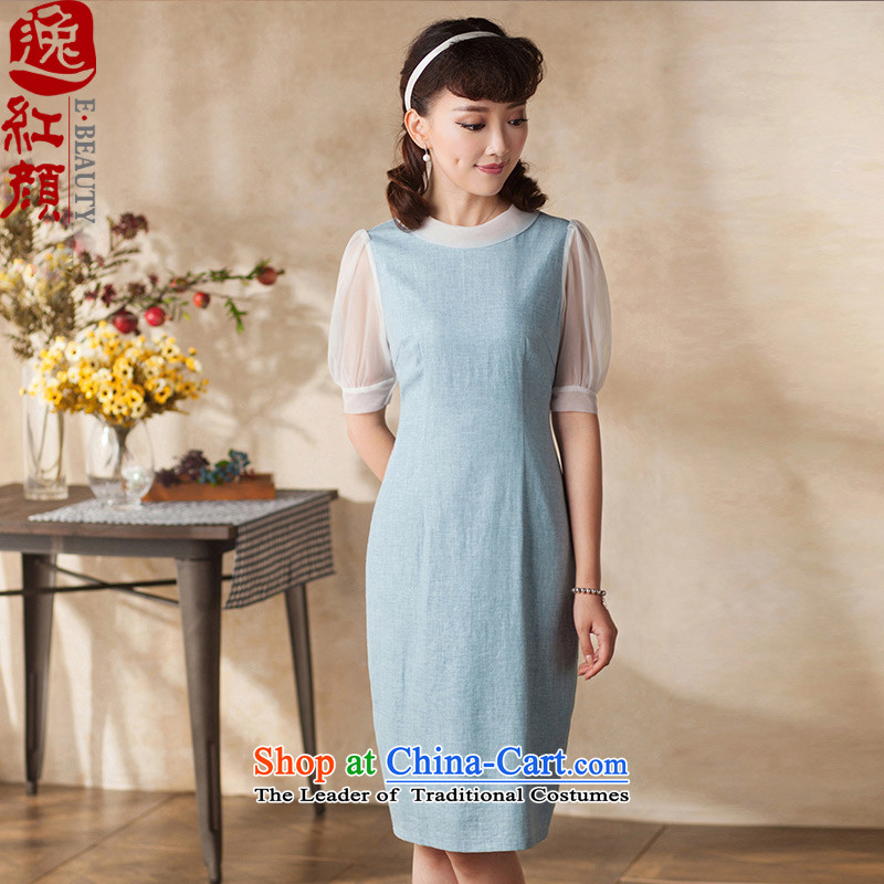 The First Lady Yat dresses Summer 2015 new product literature and improved quarters retro bubble cuff cheongsam dress blue?L