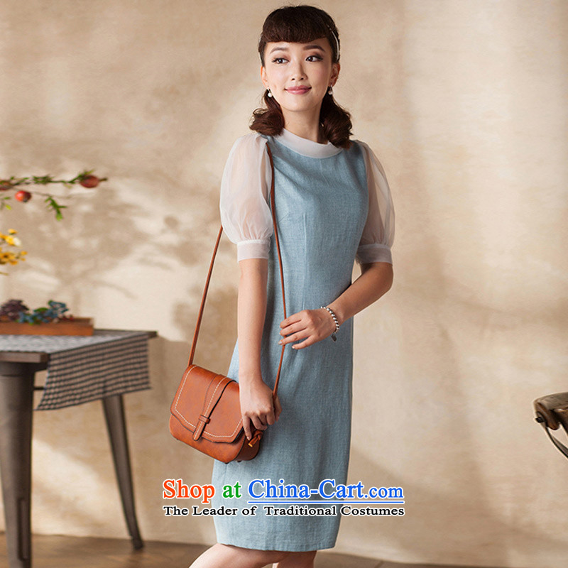 The First Lady Yat dresses Summer 2015 new product literature and improved quarters retro bubble cuff cheongsam dress blue , L, Yat Lady , , , shopping on the Internet