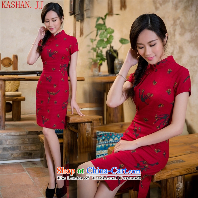 Mano-hwan's 2015 new cotton linen cheongsam dress retro style qipao linen dresses China wind female Samui Red?M