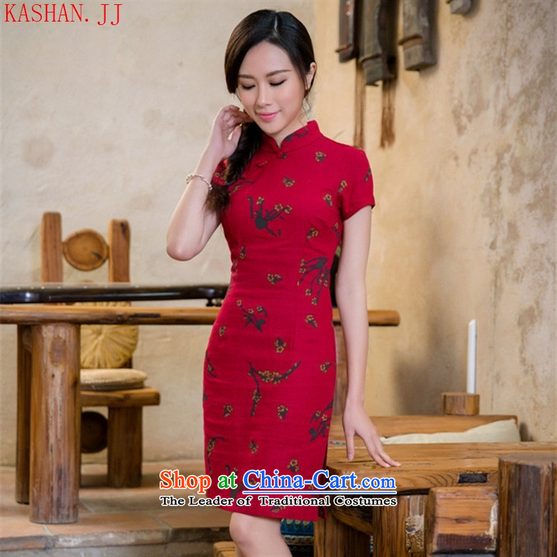 Mano-hwan's 2015 new cotton linen cheongsam dress retro style qipao linen dresses China wind female Samui Red M Card Shan (KASHAN.JJ CHRISTMASTIME) , , , shopping on the Internet