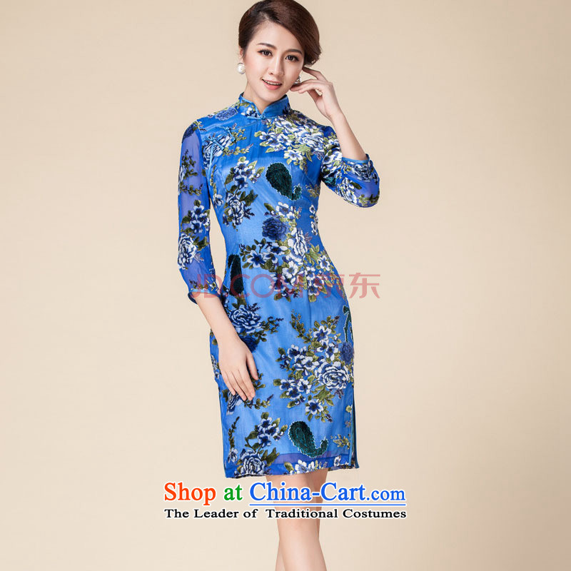 At the end of light Silk Cheongsam mother retro qipao cheongsam dress suit RX141723 marriage blue light at the end of XL, , , , shopping on the Internet