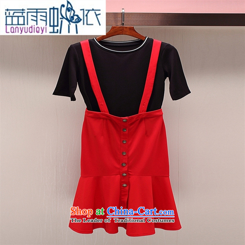 Ya-ting A5494 shop in long-Sau San strap dresses skirts two kit black T-shirt with round collar M Blue rain butterfly according to , , , shopping on the Internet