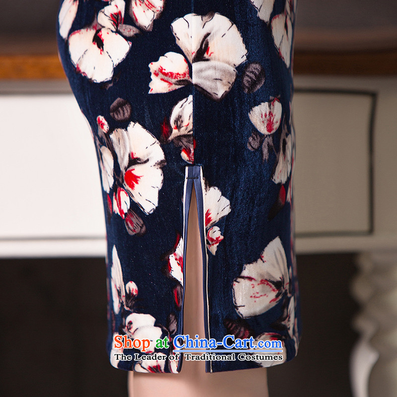 Yuan of autumn 2015 load sent Sophie retro cheongsam dress new improved daily cheongsam look velvet cheongsam dress qipao QD264 Ms. dark blue YUAN YUAN of XL, SU) , , , shopping on the Internet