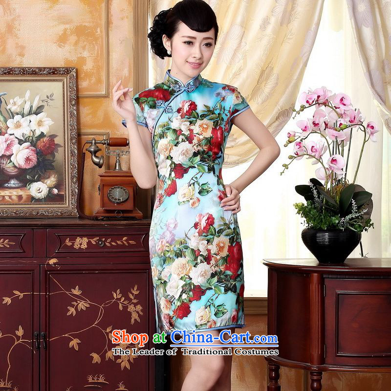 Floor is a new summer of floor dresses Tang dynasty silk Retro classic Silk Satin Poster elastic Sau San double short qipao picture color L, floor is building , , , shopping on the Internet