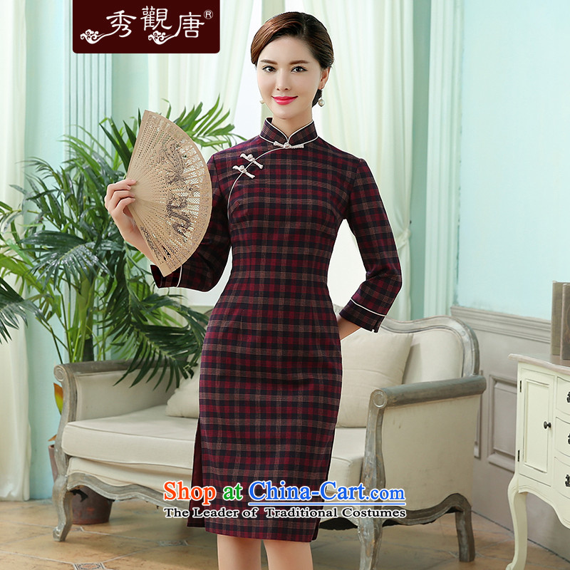 [Sau Kwun Tong] Constitution fall 2015 a new song, the Republic of Korea under the coffered minimalist retro look dark red , L-soo qipao Kwun Tong shopping on the Internet has been pressed.