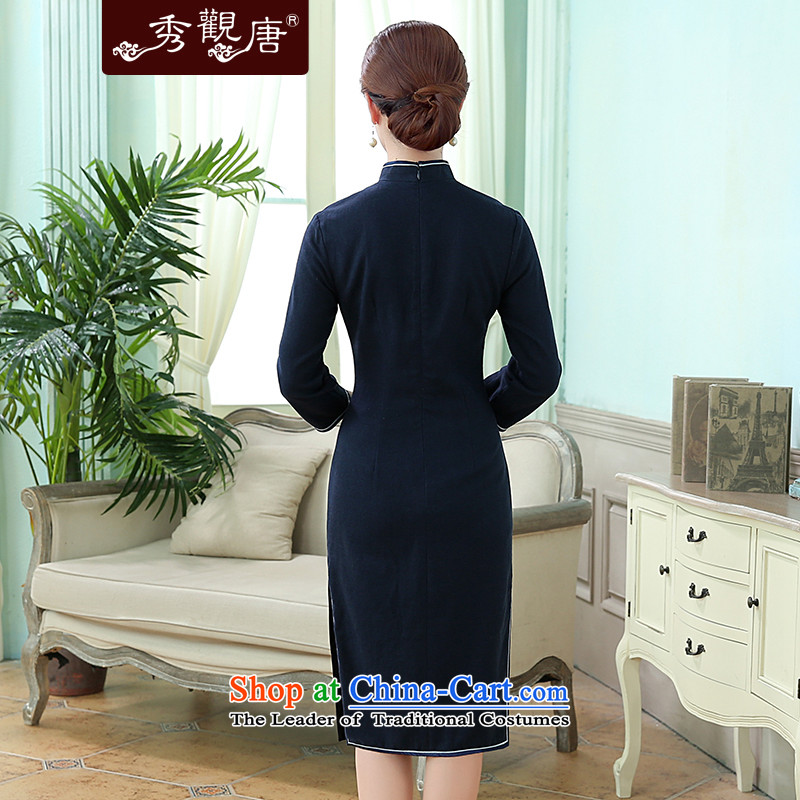 [Sau Kwun Tong] Wen Xiang 2015 Fall Classic solid color cotton linen long tri-color qipao optional Dark Blue M Soo-Kwun Tong shopping on the Internet has been pressed.
