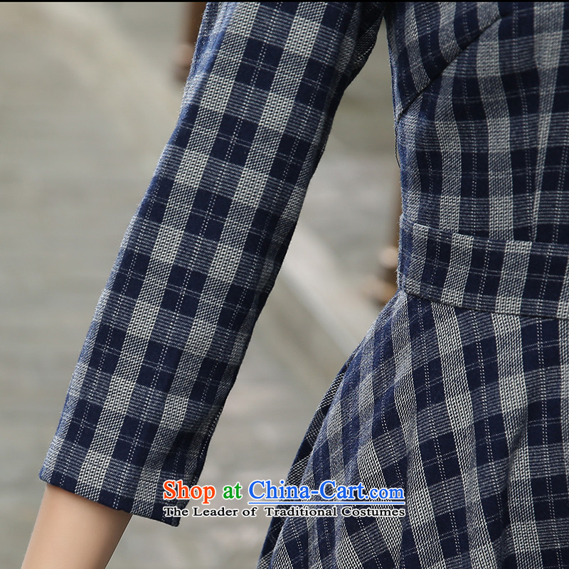 [Sau Kwun Tong] of the autumn 2015 the Republic of Korea, new grid cheongsam dress in dark blue skirt qipao ,L,cuff Sau Kwun Tong shopping on the Internet has been pressed.
