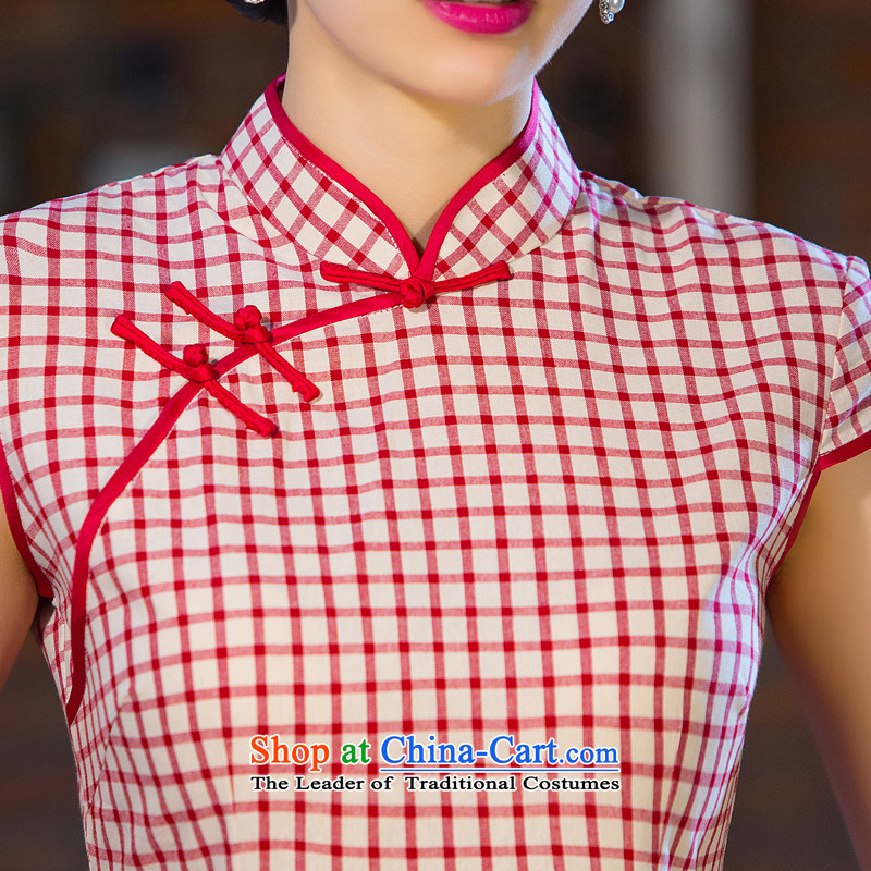 Ink 歆 Ling Xuan 2015 Summer cheongsam dress new grid qipao summer Ms. retro improved Sau San cheongsam dress QD242 red checkered S ink 歆 MOXIN (shopping on the Internet has been pressed.)