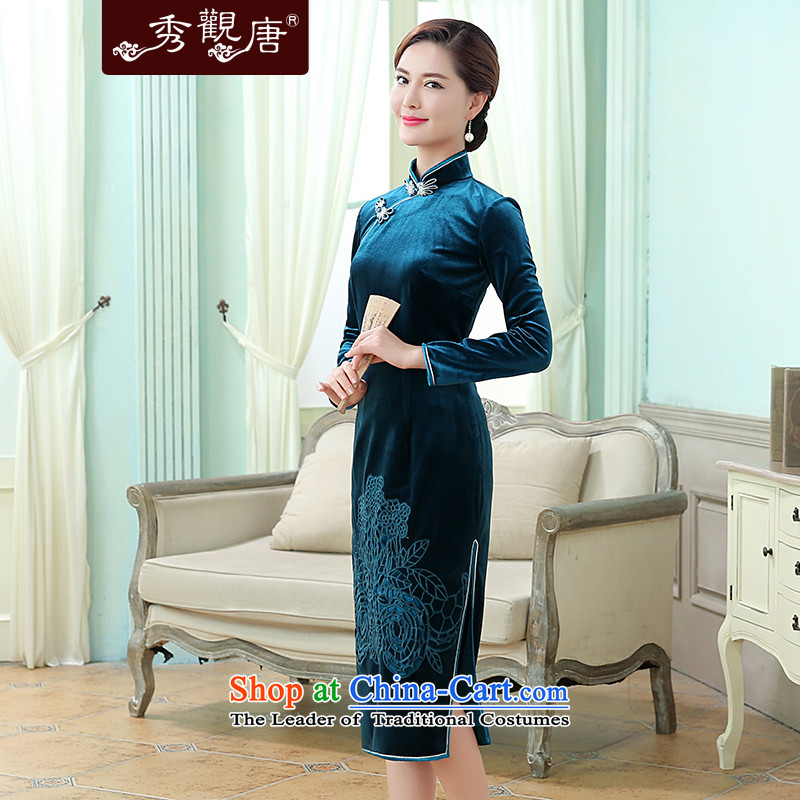 [Sau Kwun Tong] spend to load new autumn 2015 Korea scouring pads embroidered improved long-sleeved blue qipao ,L,retro-soo Kwun Tong shopping on the Internet has been pressed.