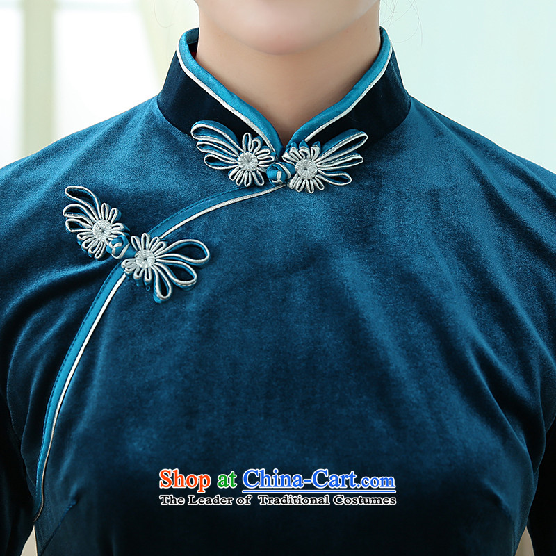 [Sau Kwun Tong] spend to load new autumn 2015 Korea scouring pads embroidered improved long-sleeved blue qipao ,L,retro-soo Kwun Tong shopping on the Internet has been pressed.