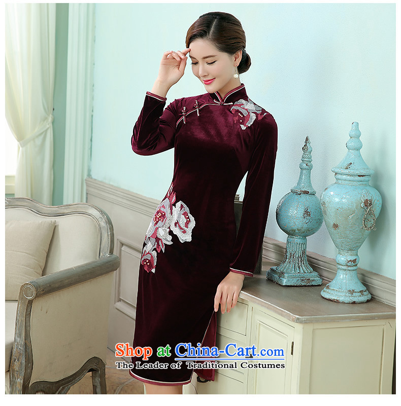 [Sau Kwun Tong] on the 2015 autumn new) improved long-sleeved gray velour embroidery retro mother qipao wine red L picture, prices, brand platters! The elections are supplied in the national character of distribution, so action, buy now enjoy more preferential! As soon as possible.