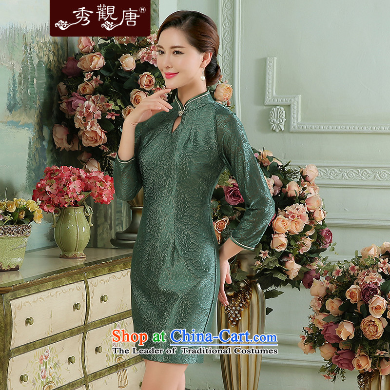 [Sau Kwun Tong] following the fall of 2015, in a new stylish cuff solid color lace stitching cheongsam dress XXL, Soo-Kwun Tong green shopping on the Internet has been pressed.