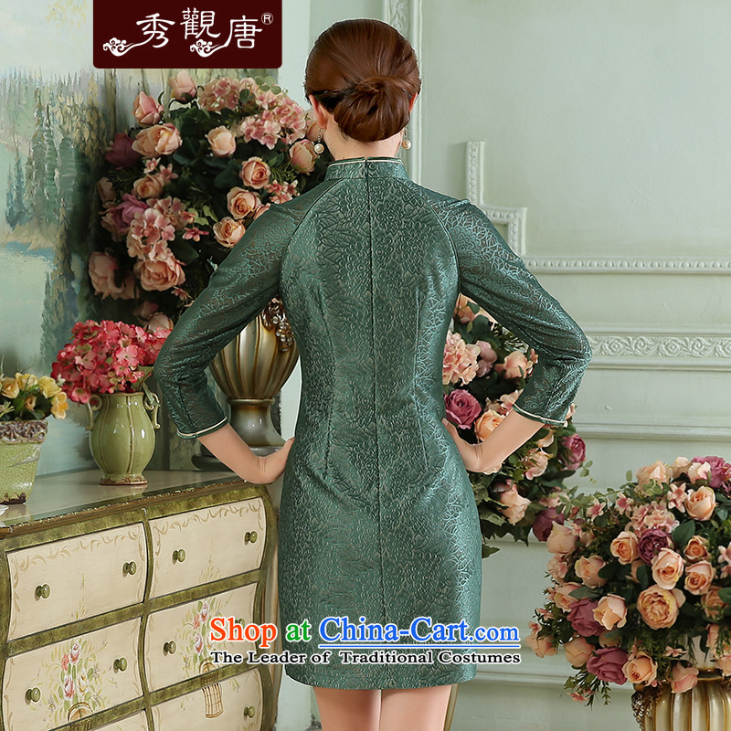 [Sau Kwun Tong] following the fall of 2015, in a new stylish cuff solid color lace stitching cheongsam dress XXL, Soo-Kwun Tong green shopping on the Internet has been pressed.