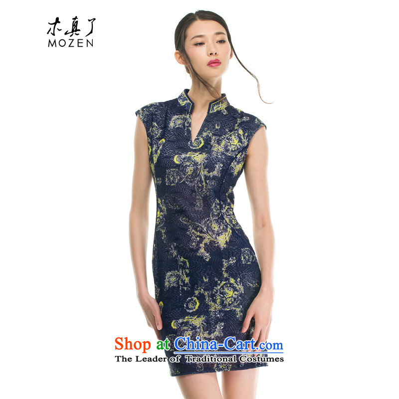 The 2015 autumn wood really new products imported into Korea ladies knitting stamp improved qipao skirt 42785 10 deep blue?XL