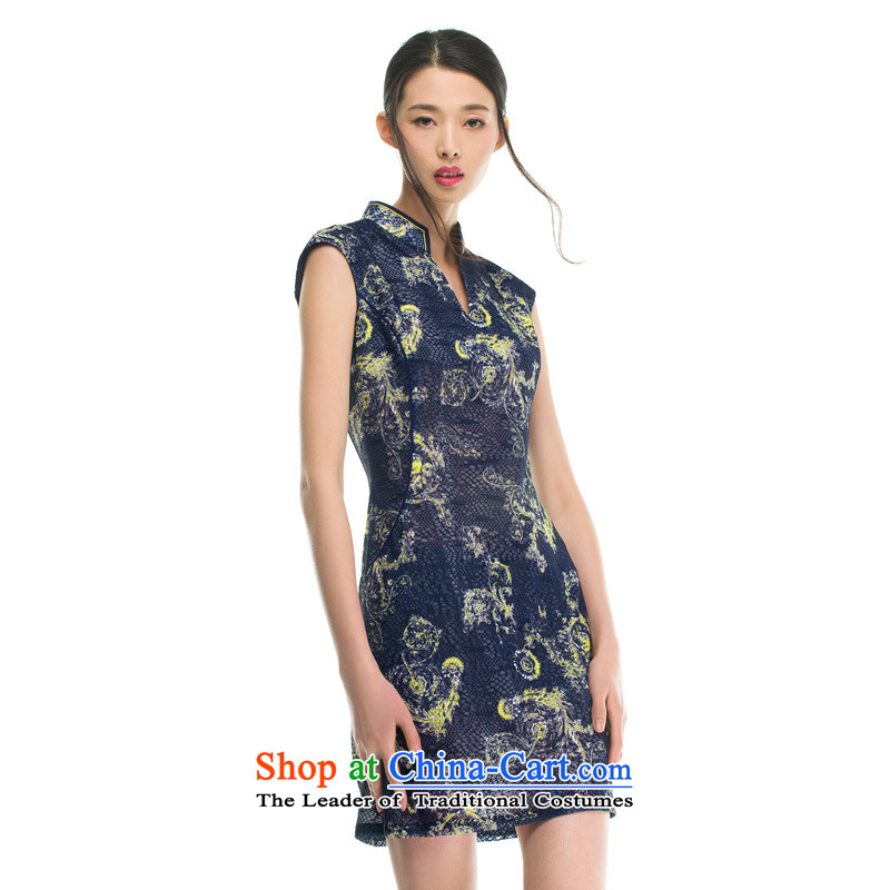 The 2015 autumn wood really new products imported into Korea ladies knitting stamp improved qipao skirt 42785 10 deep blue XL, Wood , , , the true online shopping