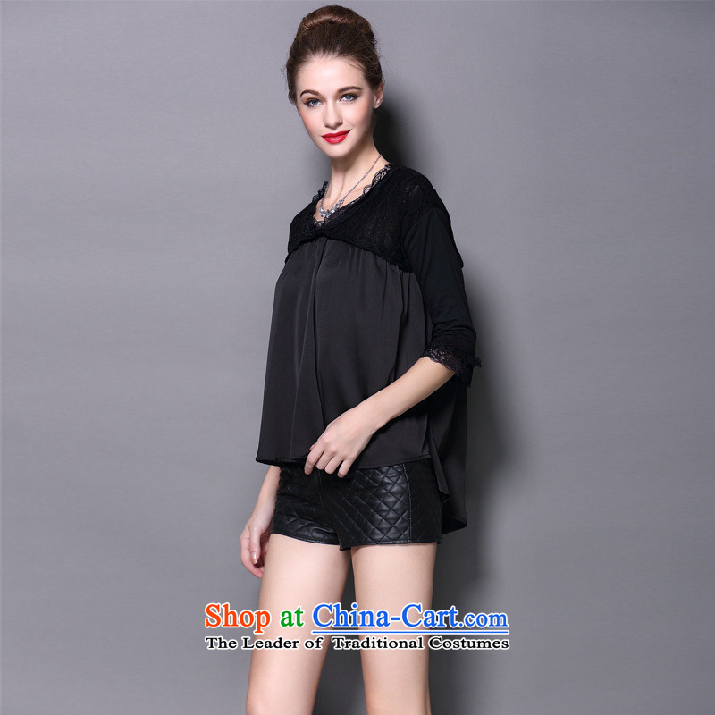 Install the latest Autumn 2015 Hami, lace stitching fifth sleeve t 桖 female western upscale forming the Netherlands shirt small black shirt?L